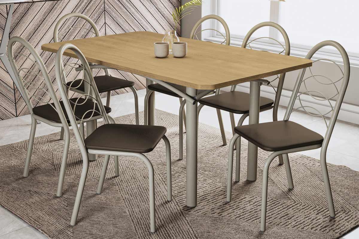 Sala Jantar Mesa Elba c/ Tampo de Madeira 160cm e 6 Cadeiras Noruega - Kappesberg