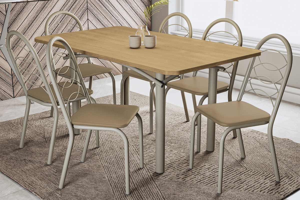 Sala Jantar Mesa Elba c/ Tampo de Madeira 160cm e 6 Cadeiras Noruega - Kappesberg