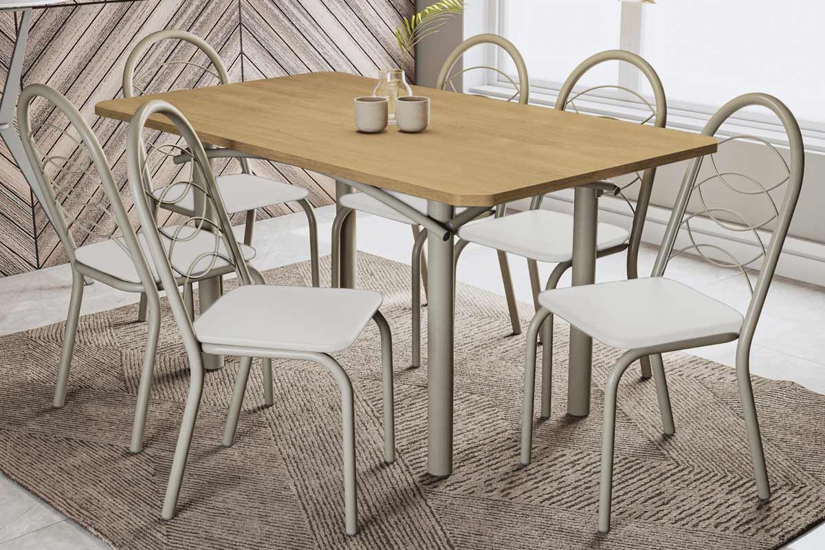 Sala Jantar Mesa Elba c/ Tampo de Madeira 160cm e 6 Cadeiras Noruega - Kappesberg