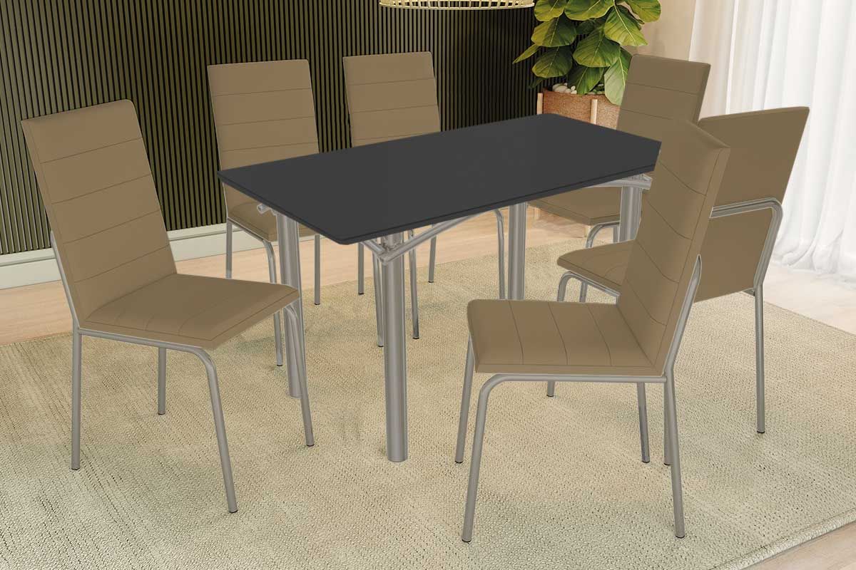 Sala Jantar Mesa Elba Tampo Madeirado c/ Vidro 160cm e 6 Cadeiras Amsterdã - Kappesberg