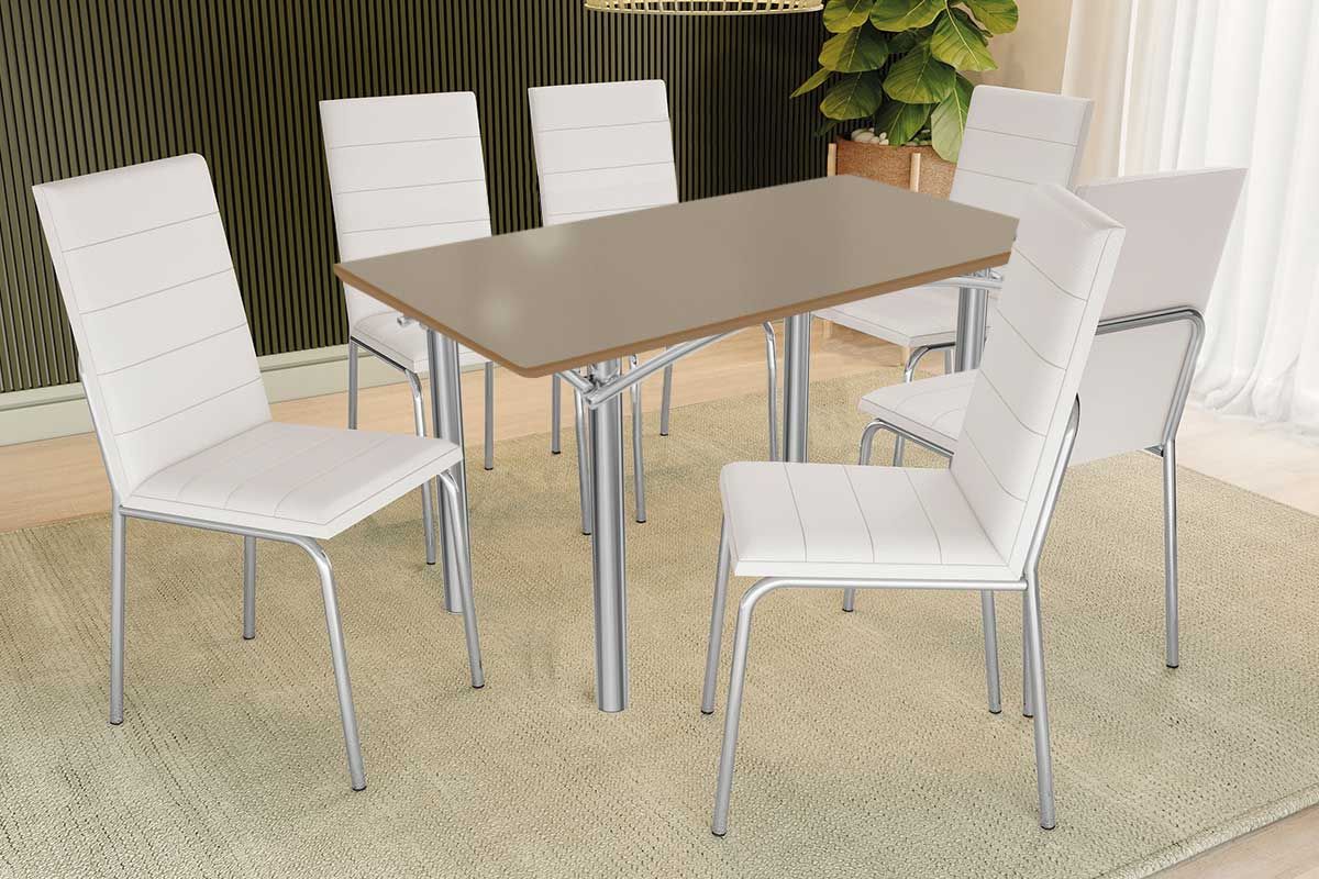 Sala Jantar Mesa Elba Tampo Madeirado c/ Vidro 160cm e 6 Cadeiras Amsterdã - Kappesberg