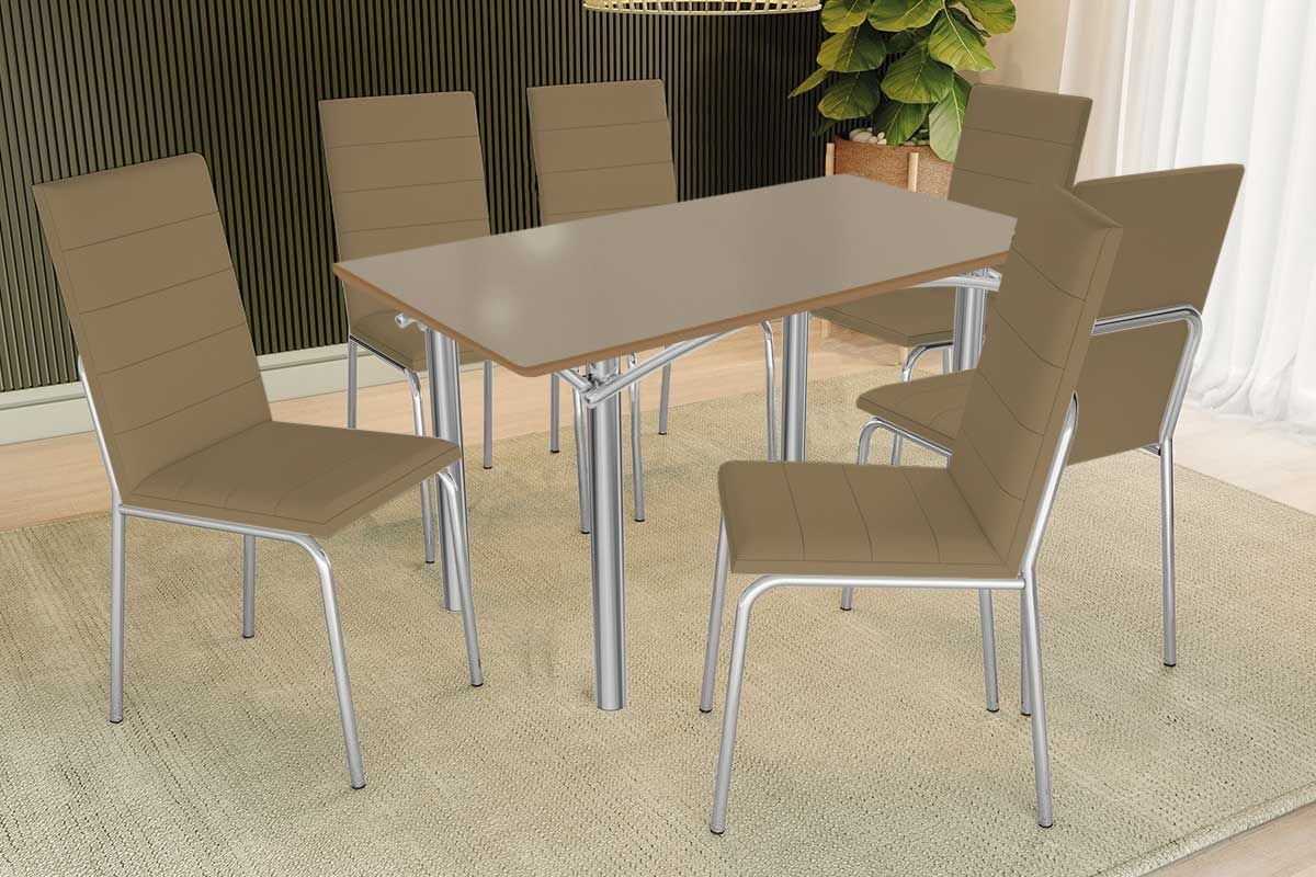 Sala Jantar Mesa Elba Tampo Madeirado c/ Vidro 160cm e 6 Cadeiras Amsterdã - Kappesberg