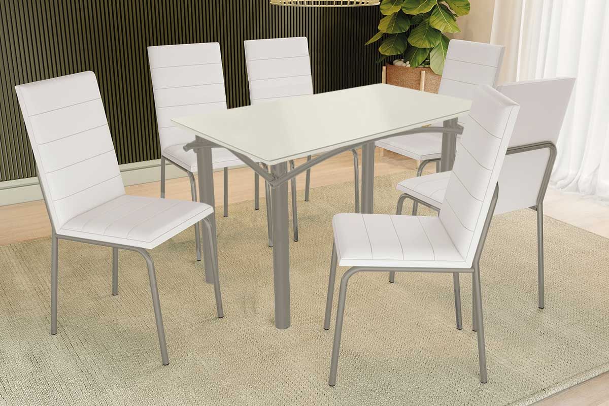 Sala Jantar Mesa Elba Tampo Madeirado c/ Vidro 120cm e 6 Cadeiras Amsterdã - Kappesberg