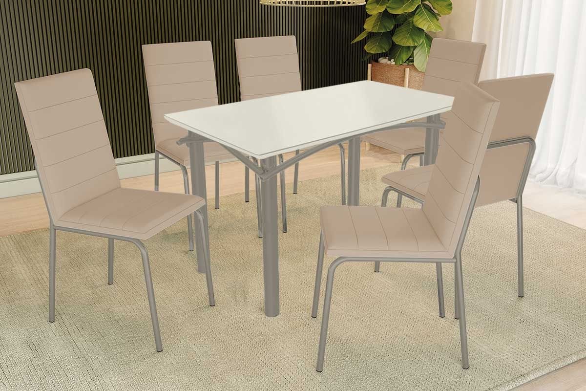 Sala Jantar Mesa Elba Tampo Madeirado c/ Vidro 120cm e 6 Cadeiras Amsterdã - Kappesberg