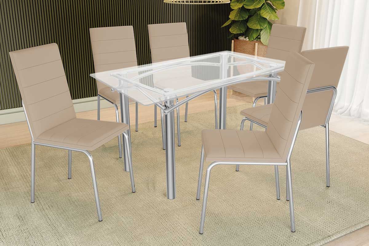 Sala Jantar Mesa Elba c/ Tampo de Vidro 150cm e 6 Cadeiras Amsterdã - Kappesberg
