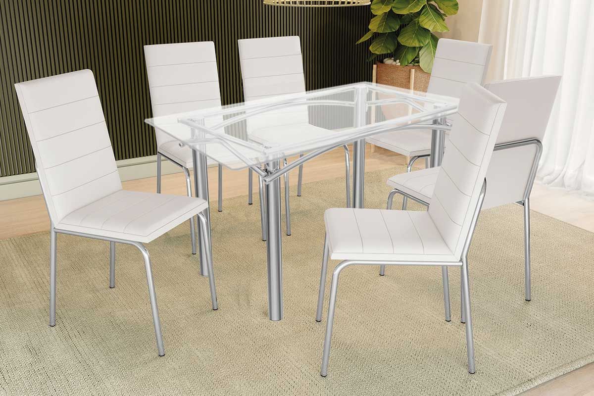 Sala Jantar Mesa Elba c/ Tampo de Vidro 150cm e 6 Cadeiras Amsterdã - Kappesberg