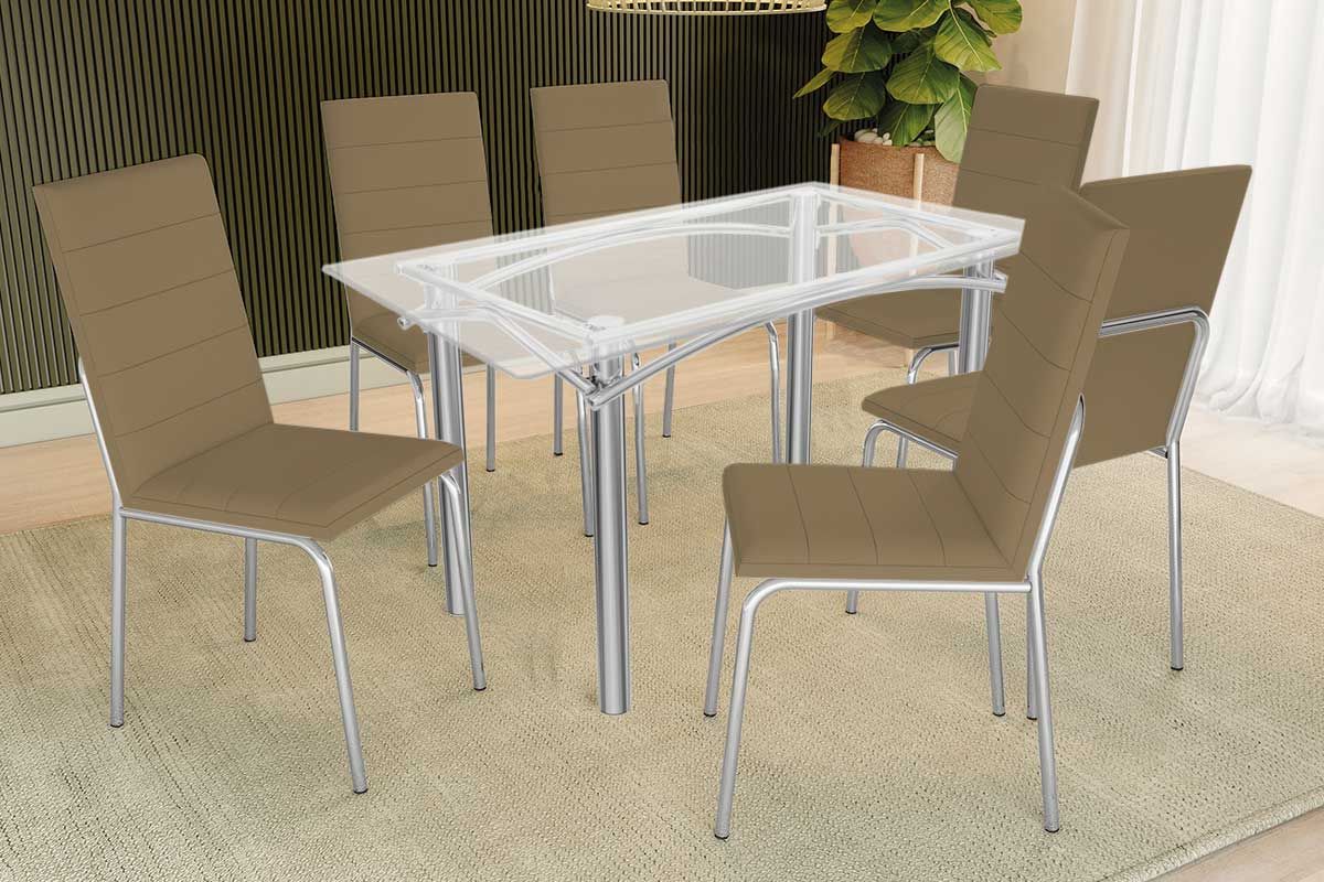 Sala Jantar Mesa Elba c/ Tampo de Vidro 150cm e 6 Cadeiras Amsterdã - Kappesberg