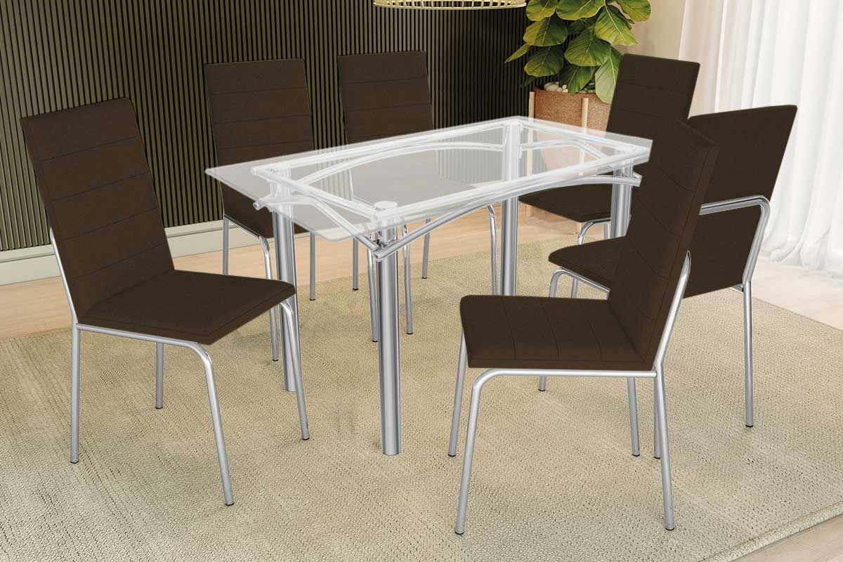 Sala Jantar Mesa Elba c/ Tampo de Vidro 150cm e 6 Cadeiras Amsterdã - Kappesberg