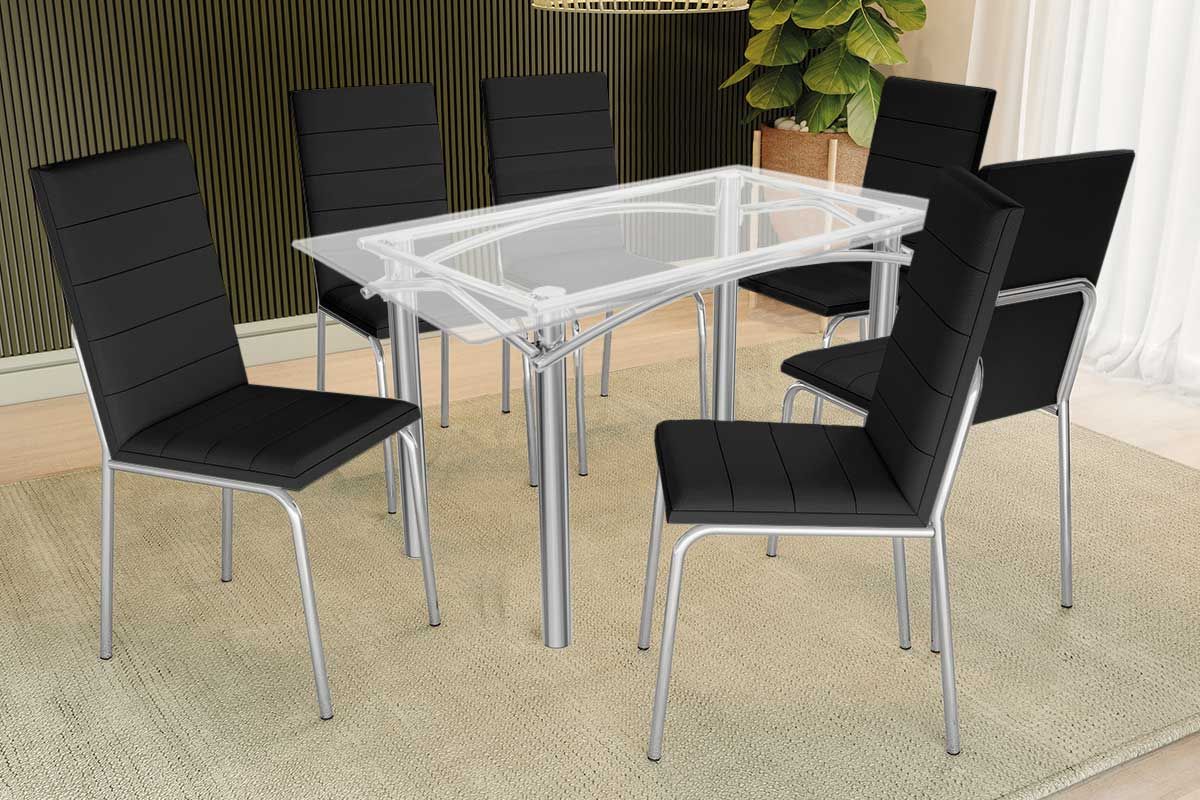 Sala Jantar Mesa Elba c/ Tampo de Vidro 150cm e 6 Cadeiras Amsterdã - Kappesberg