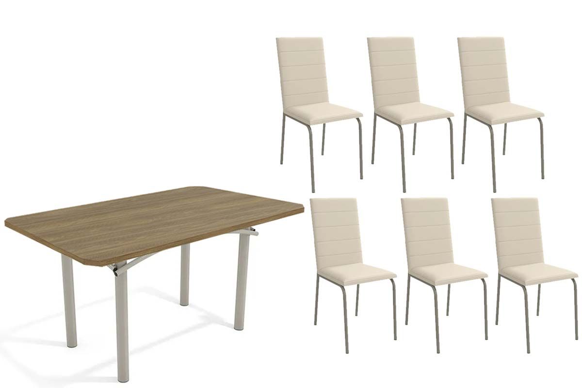 Sala Jantar Mesa Elba c/ Tampo de Madeira 160cm e 6 Cadeiras Amsterdã - Kappesberg