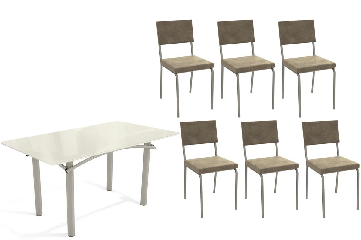 Sala Jantar Mesa Elba Tampo Madeirado c/ Vidro 160cm e 6 Cadeiras Zaria - Kappesberg