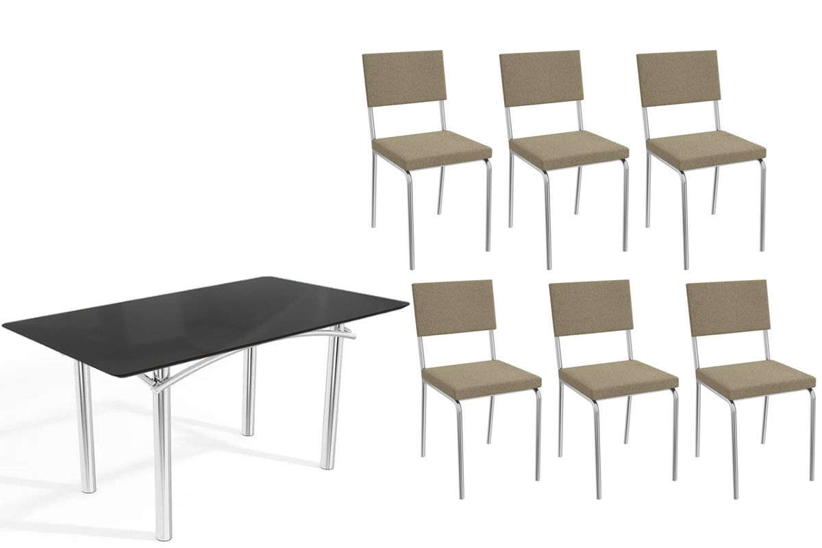 Sala Jantar Mesa Elba Tampo Madeirado c/ Vidro 160cm e 6 Cadeiras Zaria - Kappesberg