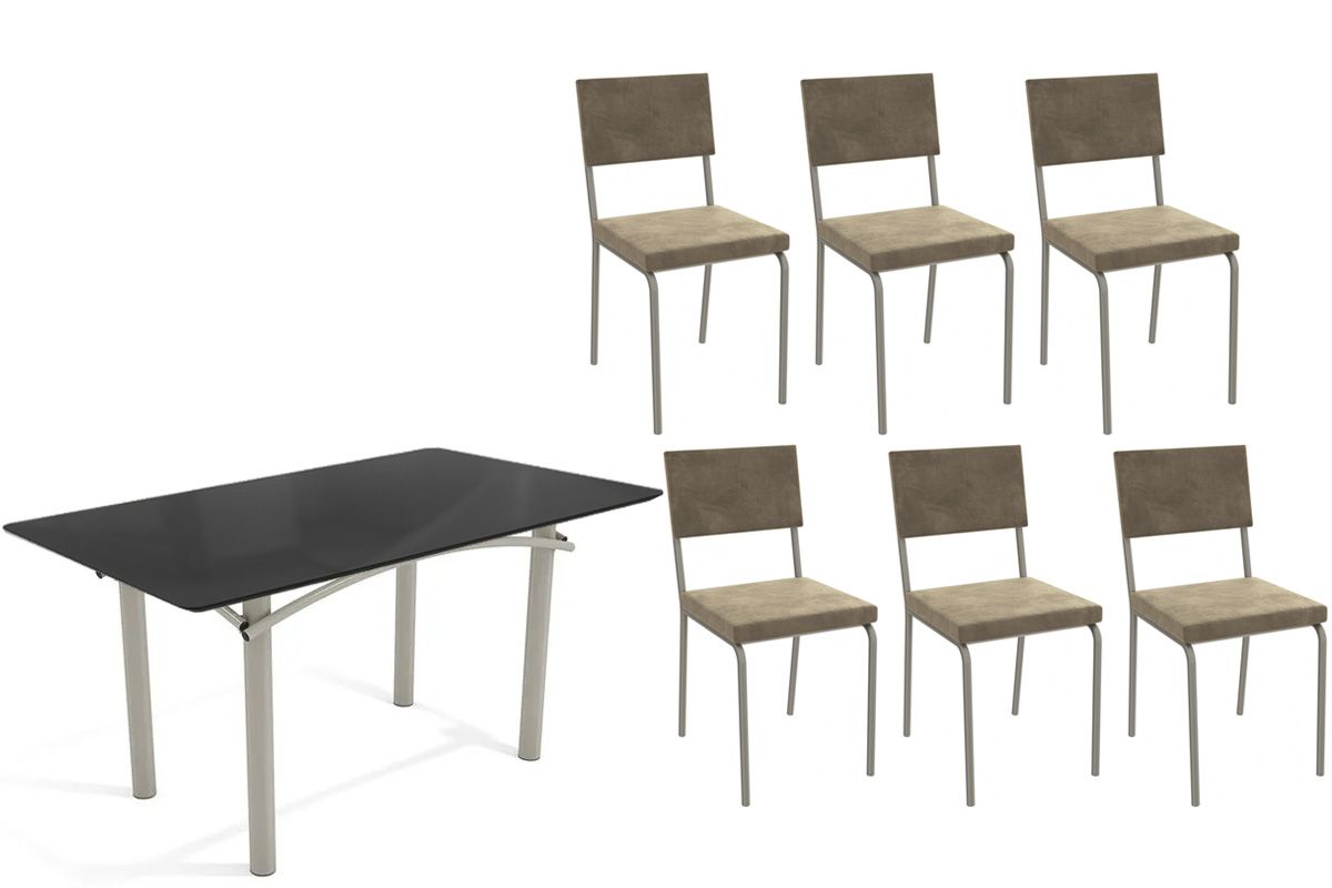 Sala Jantar Mesa Elba Tampo Madeirado c/ Vidro 160cm e 6 Cadeiras Zaria - Kappesberg