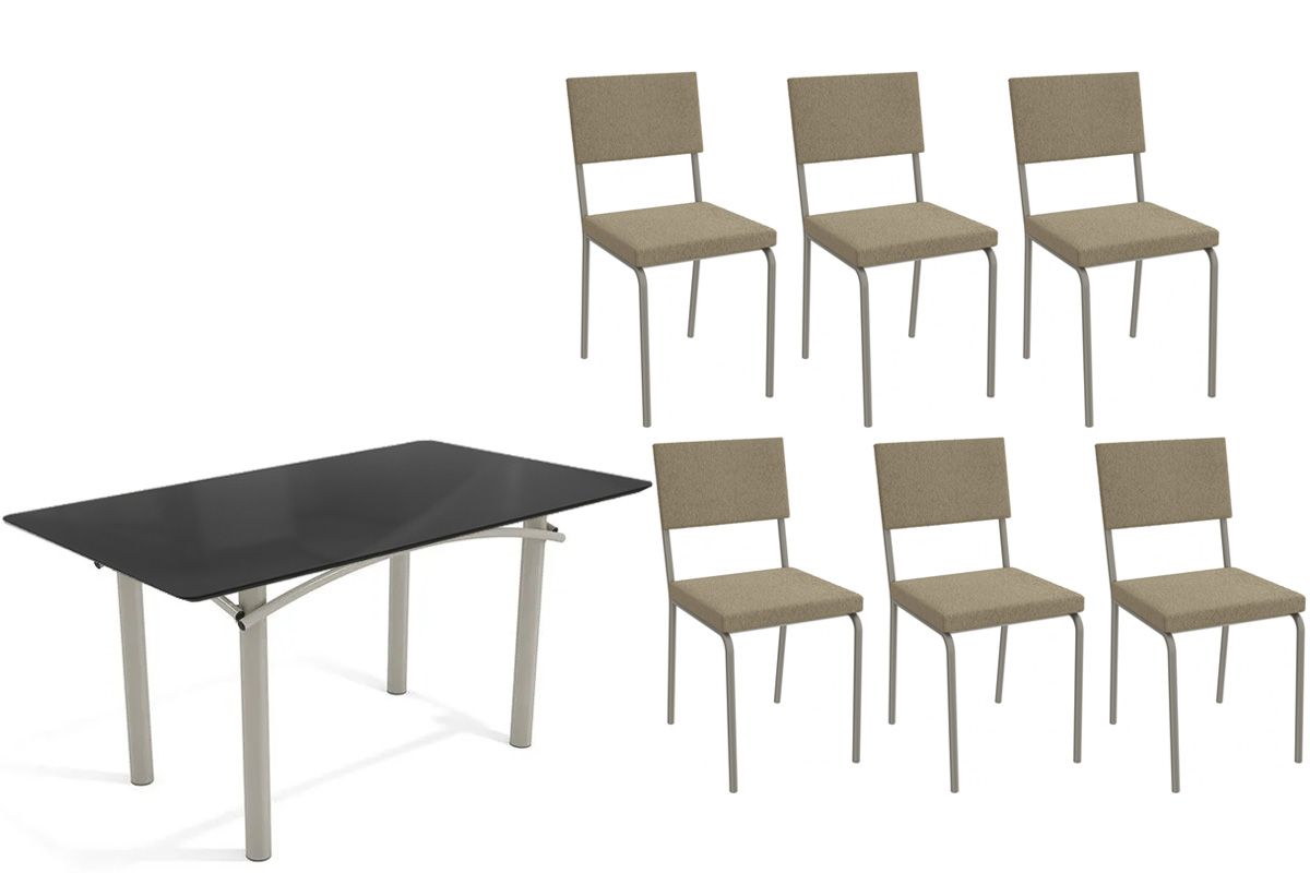 Sala Jantar Mesa Elba Tampo Madeirado c/ Vidro 160cm e 6 Cadeiras Zaria - Kappesberg