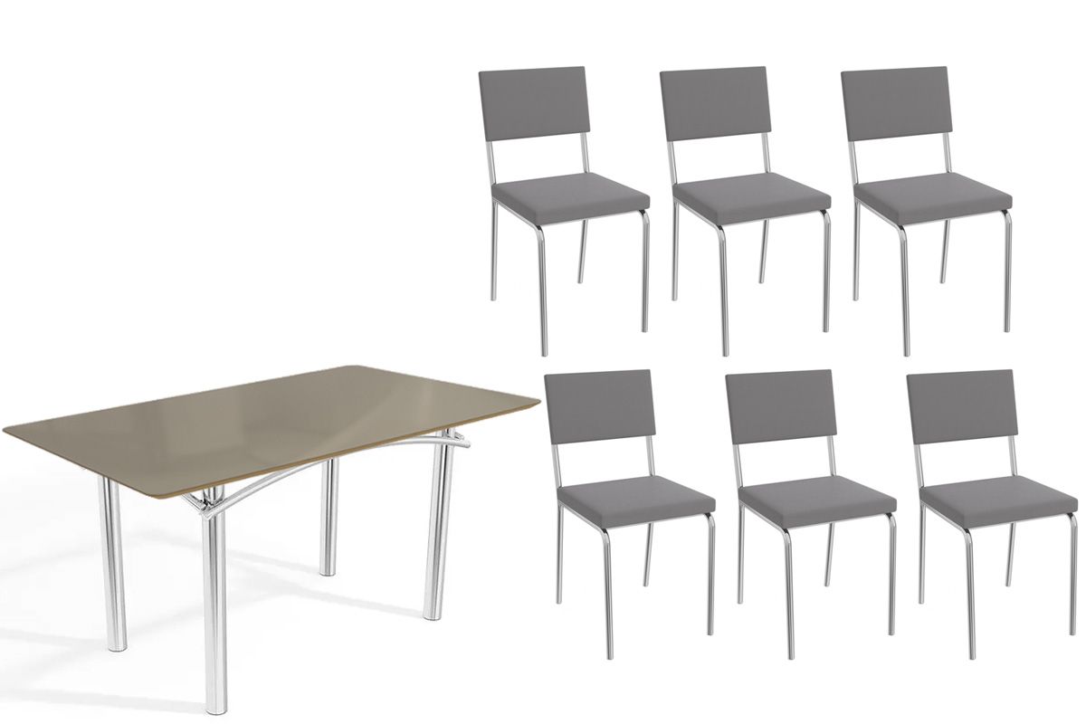 Sala Jantar Mesa Elba Tampo Madeirado c/ Vidro 160cm e 6 Cadeiras Zaria - Kappesberg