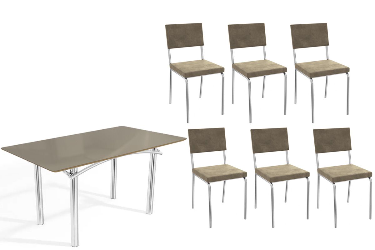 Sala Jantar Mesa Elba Tampo Madeirado c/ Vidro 160cm e 6 Cadeiras Zaria - Kappesberg