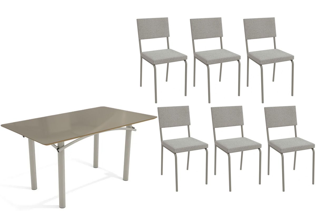 Sala Jantar Mesa Elba Tampo Madeirado c/ Vidro 160cm e 6 Cadeiras Zaria - Kappesberg