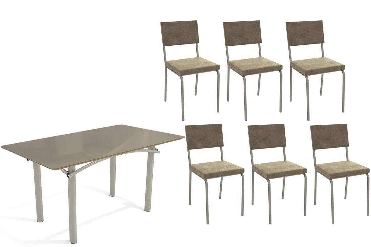 Sala Jantar Mesa Elba Tampo Madeirado c/ Vidro 160cm e 6 Cadeiras Zaria - Kappesberg