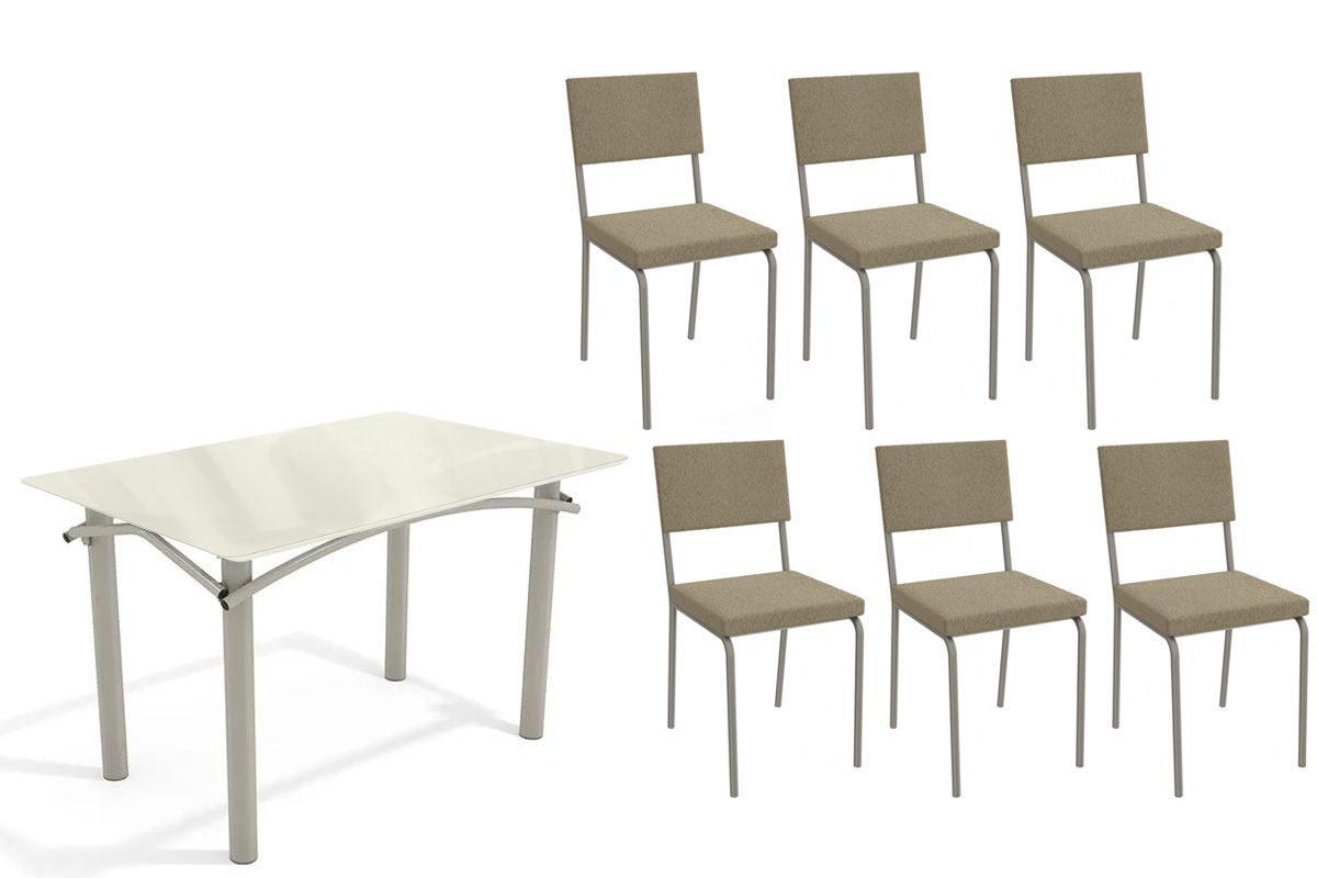 Sala Jantar Mesa Elba Tampo Madeirado c/ Vidro 120cm e 6 Cadeiras Zaria - Kappesberg