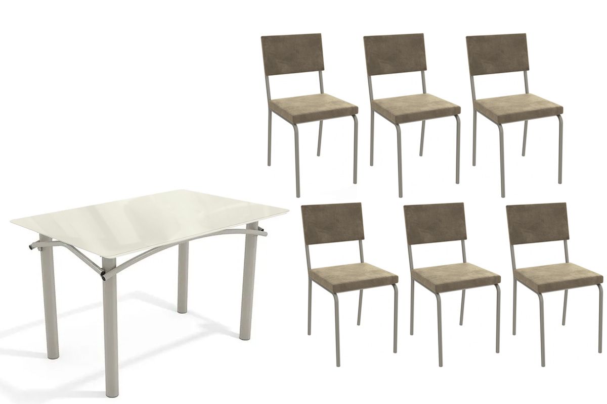 Sala Jantar Mesa Elba Tampo Madeirado c/ Vidro 120cm e 6 Cadeiras Zaria - Kappesberg
