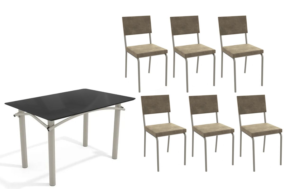 Sala Jantar Mesa Elba Tampo Madeirado c/ Vidro 120cm e 6 Cadeiras Zaria - Kappesberg