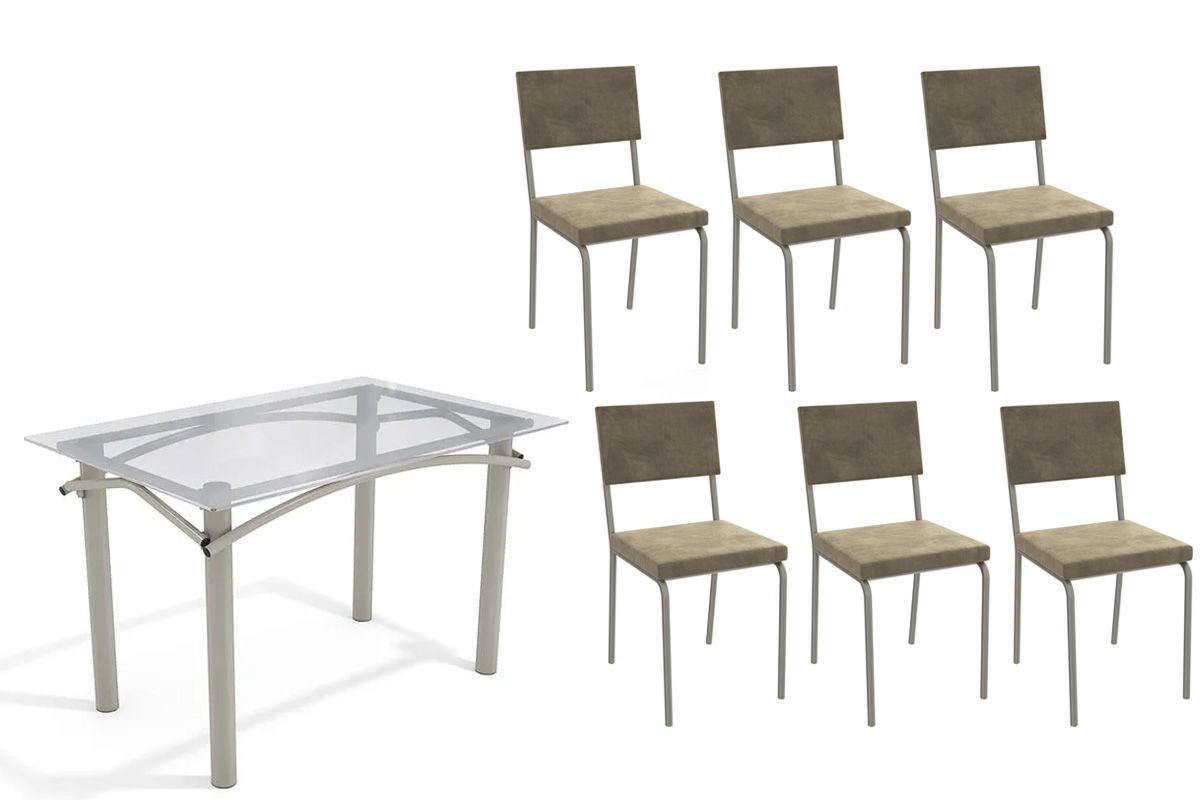 Sala Jantar Mesa Elba c/ Tampo de Vidro 120cm e 6 Cadeiras Zaria - Kappesberg