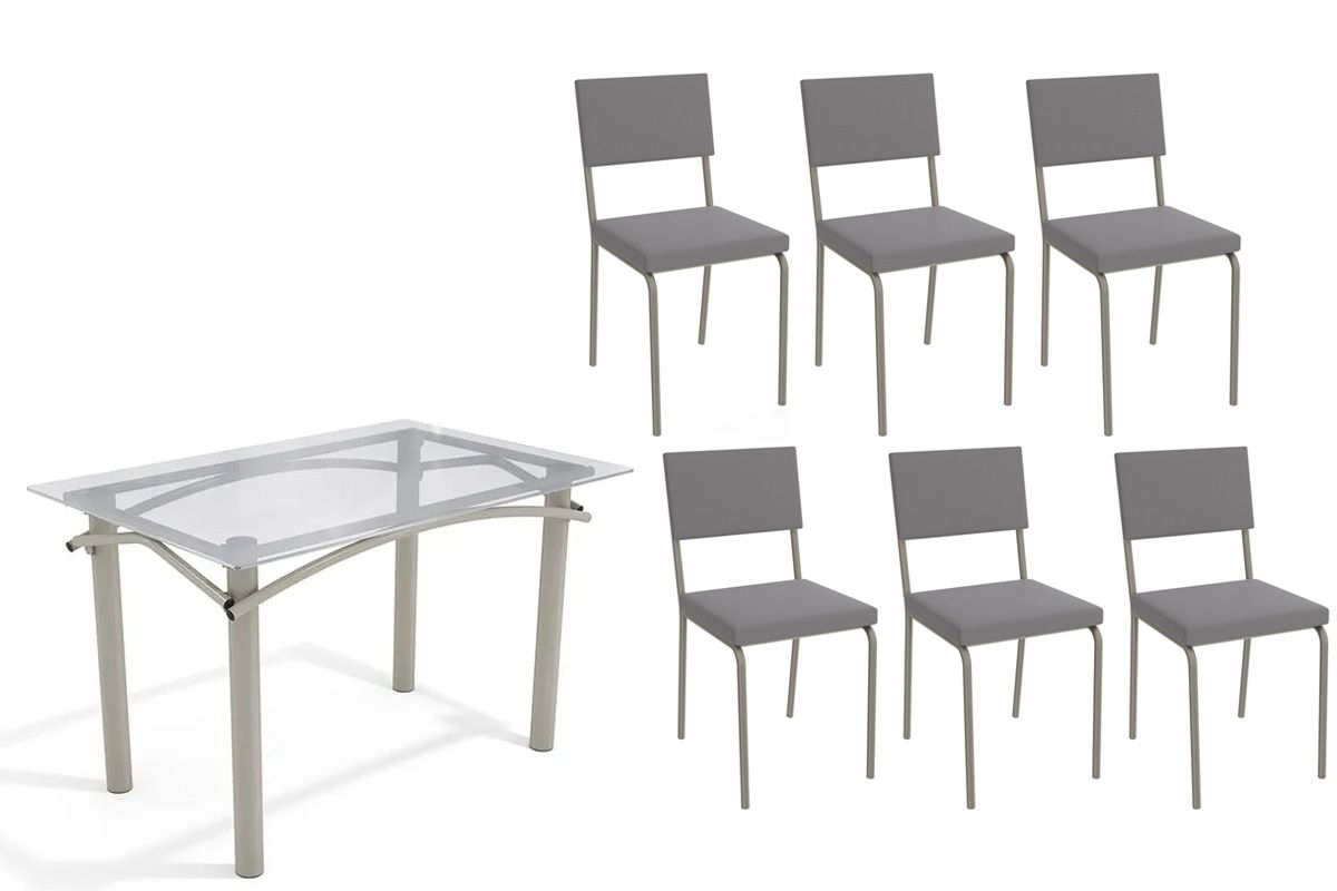 Sala Jantar Mesa Elba c/ Tampo de Vidro 120cm e 6 Cadeiras Zaria - Kappesberg