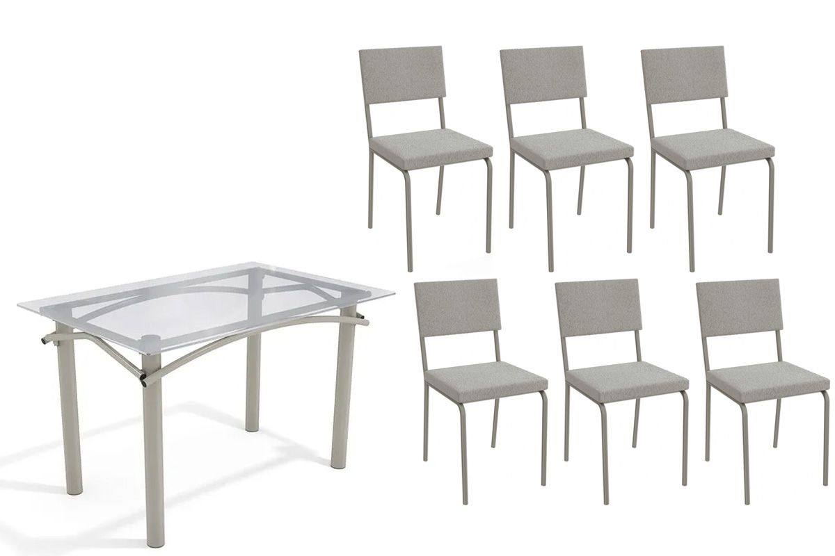 Sala Jantar Mesa Elba c/ Tampo de Vidro 120cm e 6 Cadeiras Zaria - Kappesberg