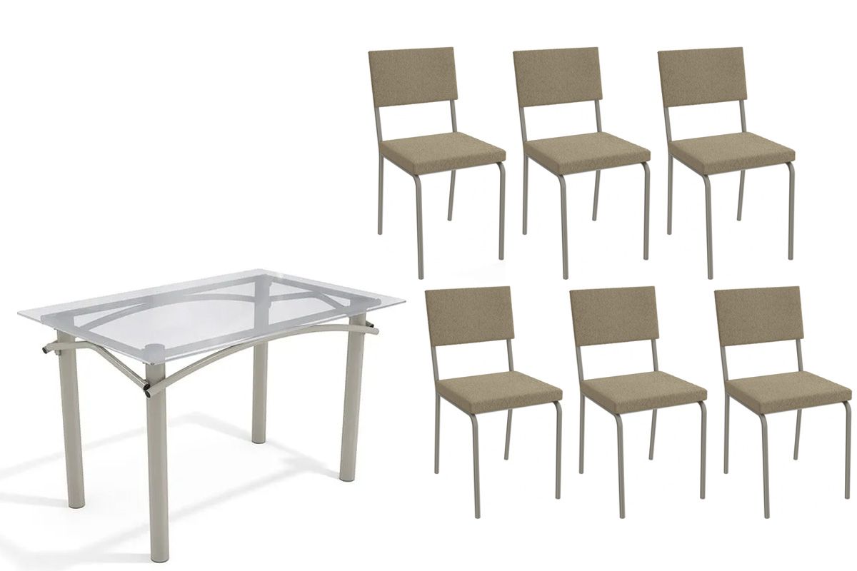 Sala Jantar Mesa Elba c/ Tampo de Vidro 120cm e 6 Cadeiras Zaria - Kappesberg