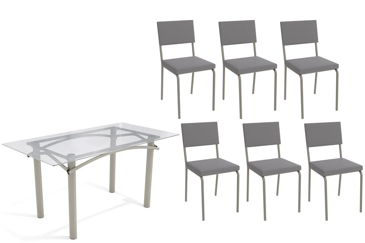Sala Jantar Mesa Elba c/ Tampo de Vidro 150cm e 6 Cadeiras Zaria - Kappesberg