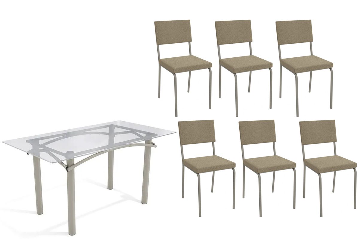 Sala Jantar Mesa Elba c/ Tampo de Vidro 150cm e 6 Cadeiras Zaria - Kappesberg