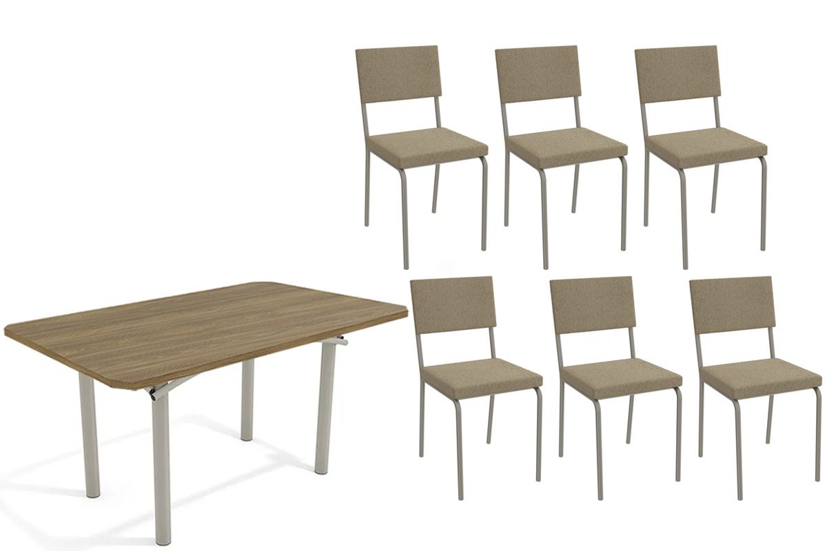 Sala Jantar Mesa Elba c/ Tampo de Madeira 160cm e 6 Cadeiras Zaria - Kappesberg
