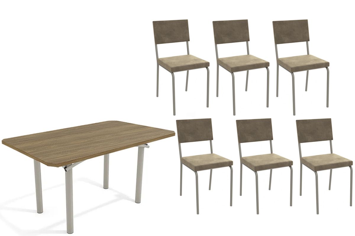 Sala Jantar Mesa Elba c/ Tampo de Madeira 160cm e 6 Cadeiras Zaria - Kappesberg