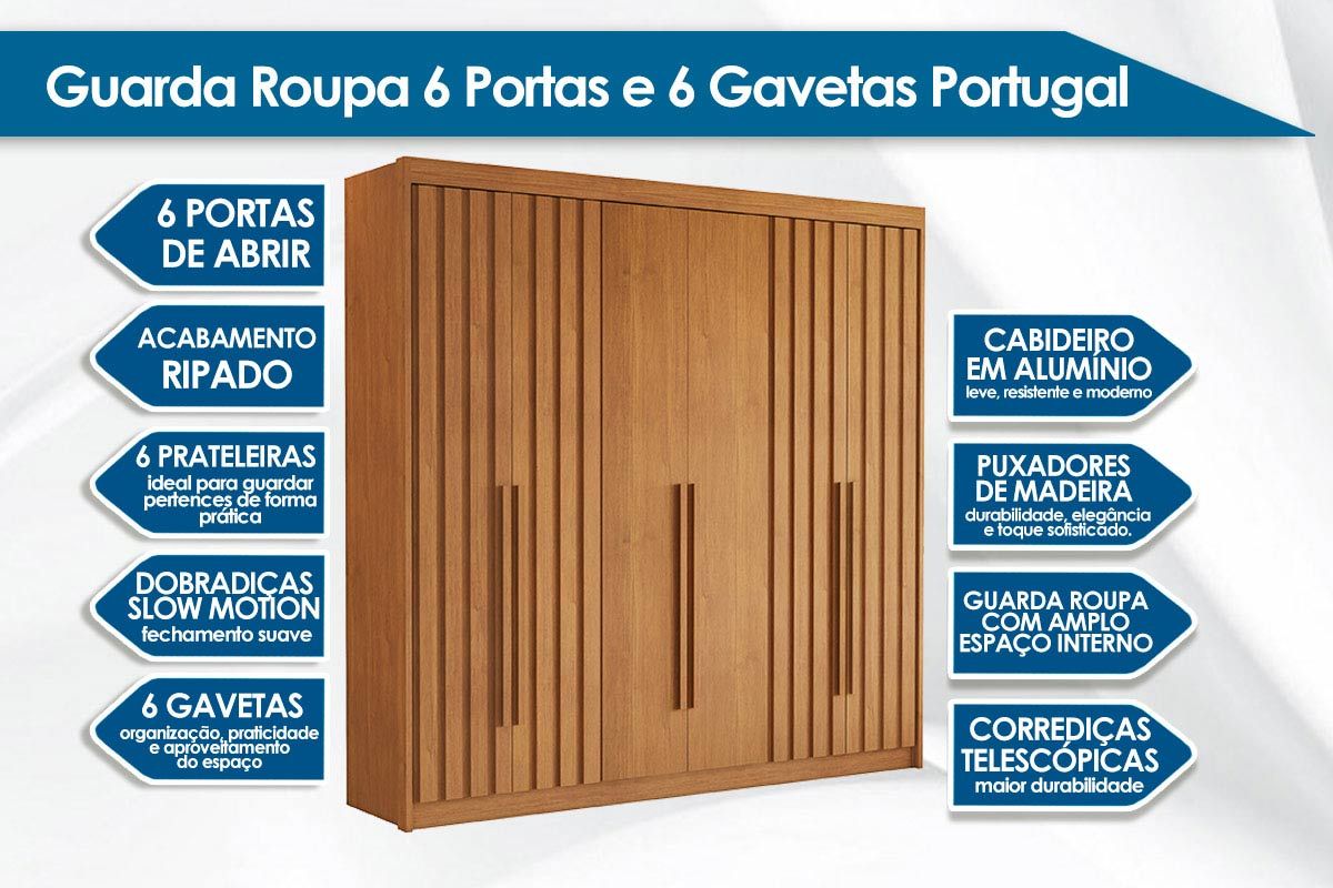 Guarda Roupa Casal 6 Portas (4 Ripadas) e 6 Gavetas Portugal Conquista Guarda Roupa Casal 6 Portas (4 Ripadas) e 6 Gavetas Portugal Conquista