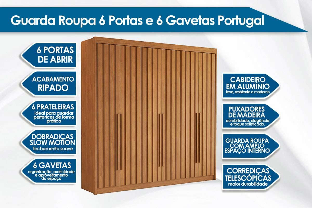 Guarda Roupa Casal 6 Portas Ripadas e 6 Gavetas Portugal Conquista Guarda Roupa Casal 6 Portas Ripadas e 6 Gavetas Portugal Conquista