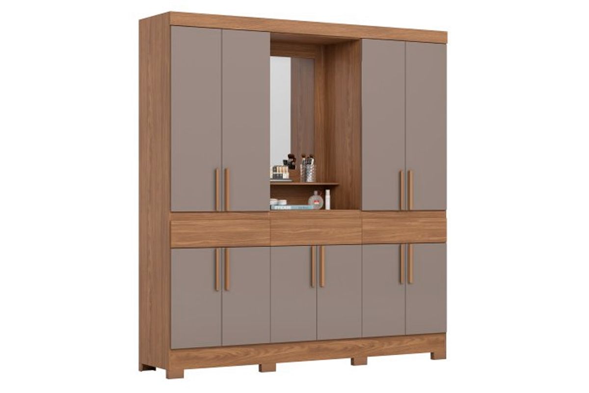 Guarda Roupa Casal 10 Portas e 3 Gavetas c/1 Espelho c/Pés Briz B374 HennNature/Avela