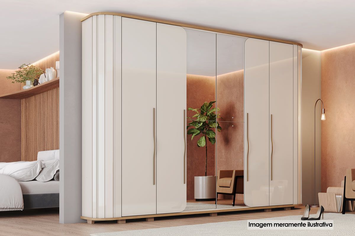 Guarda Roupa Casal 6 Portas (2 c/Espelho) e 6 Gavetas c/Pés Premium HennOff White/Nature
