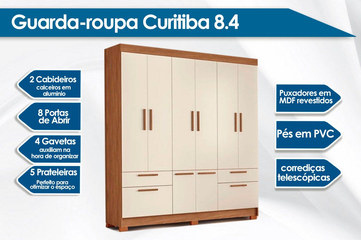 Guarda Roupa Casal 8 Portas e 4 Gavetas c/Pés Curitiba 8.4 S. Andirá Guarda Roupa Casal 8 Portas e 4 Gavetas c/Pés Curitiba 8.4 S. Andirá