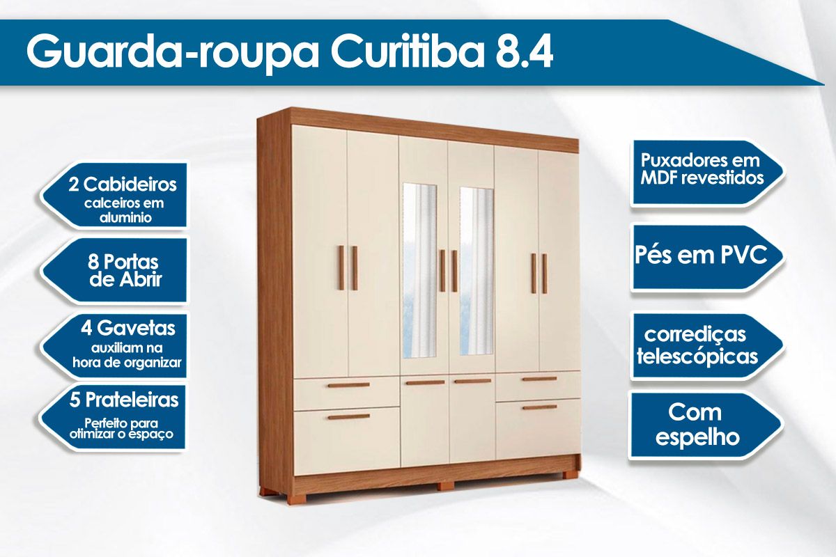 Guarda Roupa Casal 8 Portas (2 c/Espelho) e 4 Gavetas c/Pés Curitiba 8.4 S. Andirá Guarda Roupa Casal 8 Portas (2 c/Espelho) e 4 Gavetas c/Pés Curitiba 8.4 S. Andirá