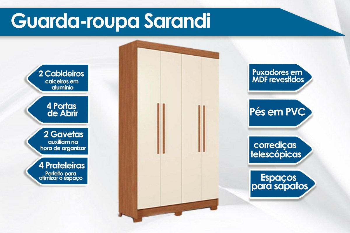 Guarda Roupa Solteiro 4 Portas (2 c/Espelho) e 2 Gavetas c/Pés Sarandi S. Andirá