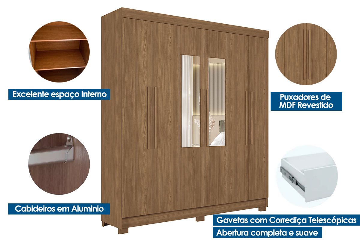 Guarda Roupa Casal 6 Portas (2 c/Espelho) e 2 Gavetas c/Pés Toledo S. Andirá