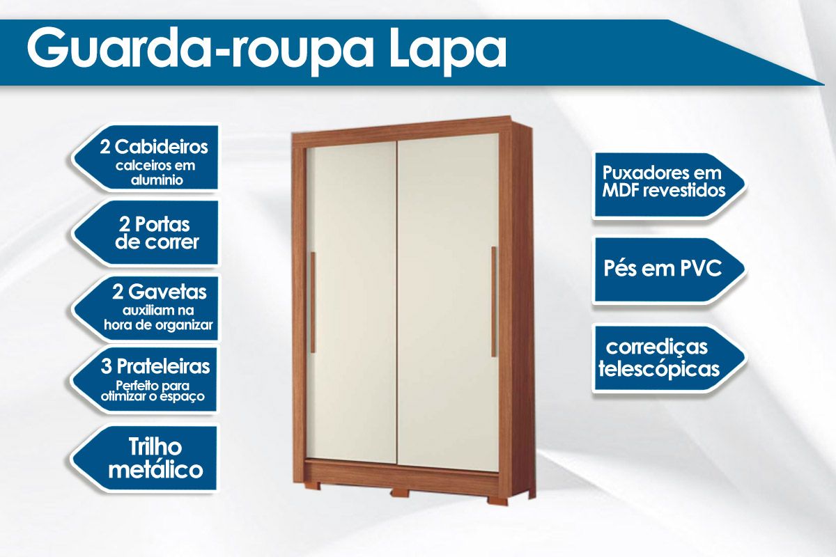 Guarda Roupa Solteiro 2 Portas de Correr e 2 Gavetas c/Pés Lapa S. Andirá Guarda Roupa Solteiro 2 Portas de Correr e 2 Gavetas c/Pés Lapa S. Andirá