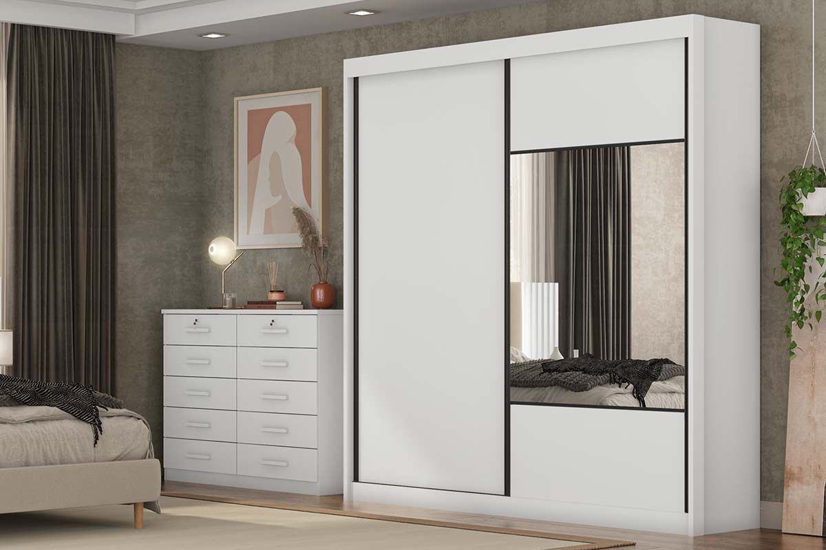 Guarda Roupa Casal 2 Portas de Correr (1 c/Espelho) e 8 Gavetas Sienna/Versatto N. HorizonteNeve Guarda Roupa Casal 2 Portas de Correr (1 c/Espelho) e 8 Gavetas Sienna/Versatto N. HorizonteNeve