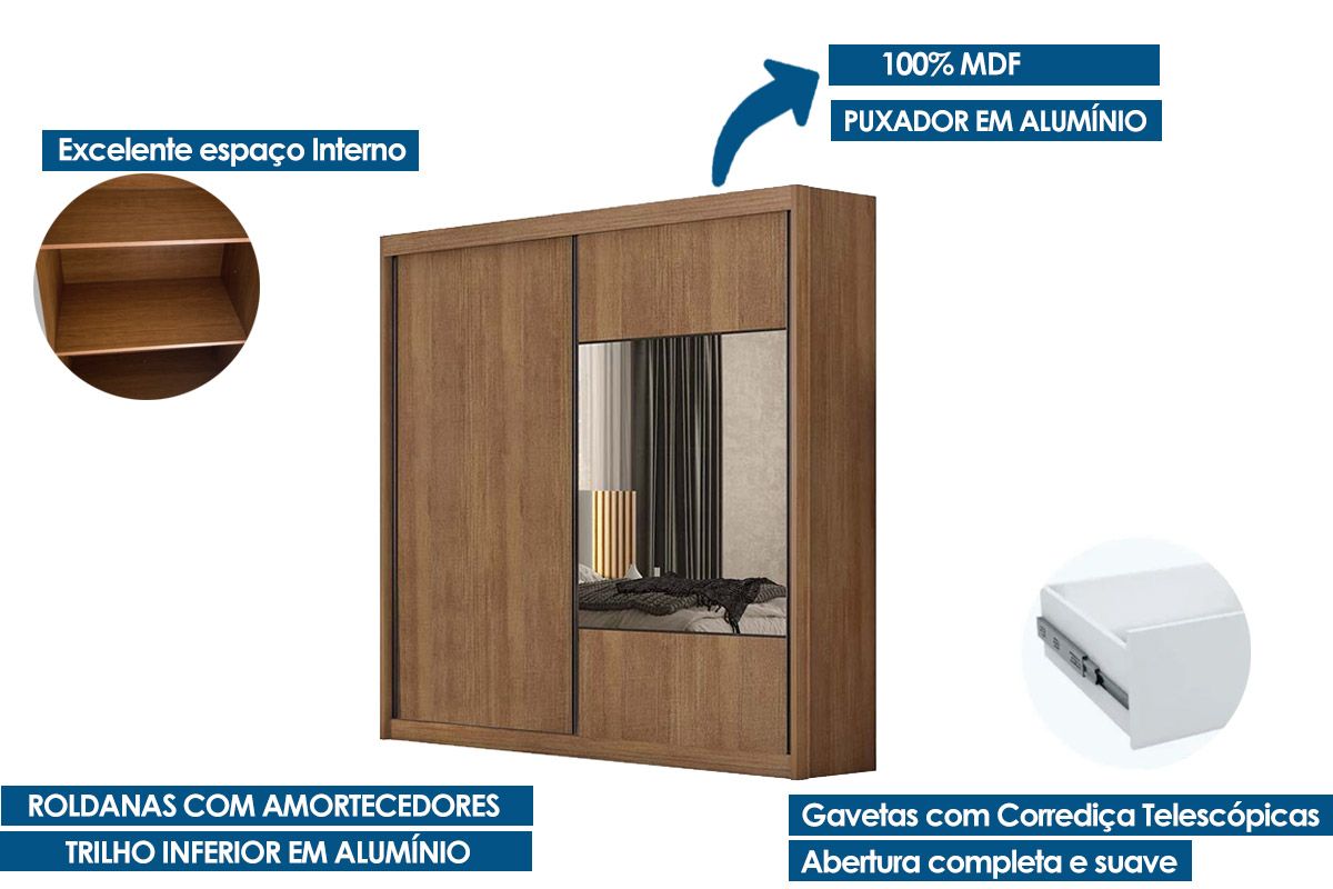 Guarda Roupa Casal 2 Portas de Correr (1 c/Espelho) e 8 Gavetas Sienna/Versatto N. Horizonte Guarda Roupa Casal 2 Portas de Correr (1 c/Espelho) e 8 Gavetas Sienna/Versatto N. Horizonte