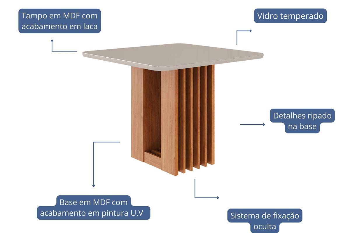 Mesa Jantar Ariela c/Tampo Madeirado Vidro 95x95cm Cimol