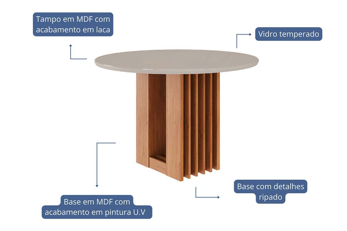 Mesa Jantar Ariela c/Tampo Madeirado Redondo c/Vidro 109x109cm Cimol