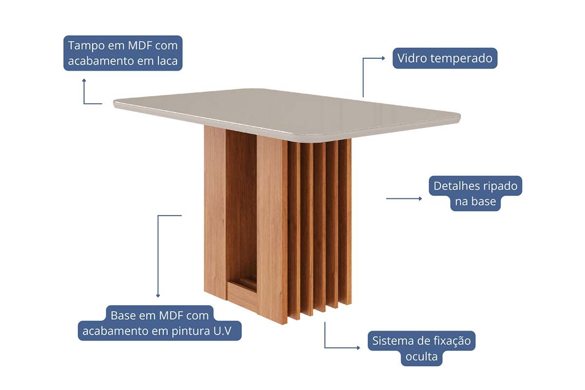 Mesa Jantar Ariela c/Tampo Madeirado Vidro 130x80cm Cimol