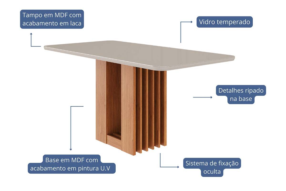Mesa Jantar Ariela c/Tampo Madeirado Vidro 160x80cm Cimol