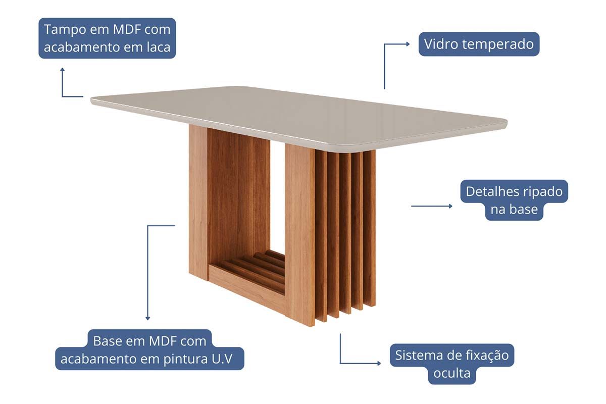 Mesa Jantar Ariela c/Tampo Madeirado Vidro 180x90cm Cimol