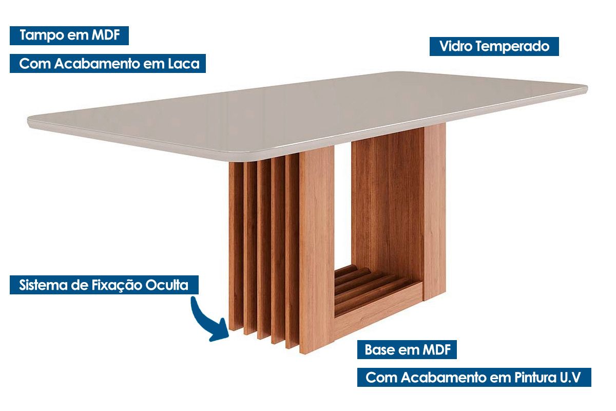 Mesa Jantar Ariela c/Tampo MDF/Vidro Reto 210cm Cimol